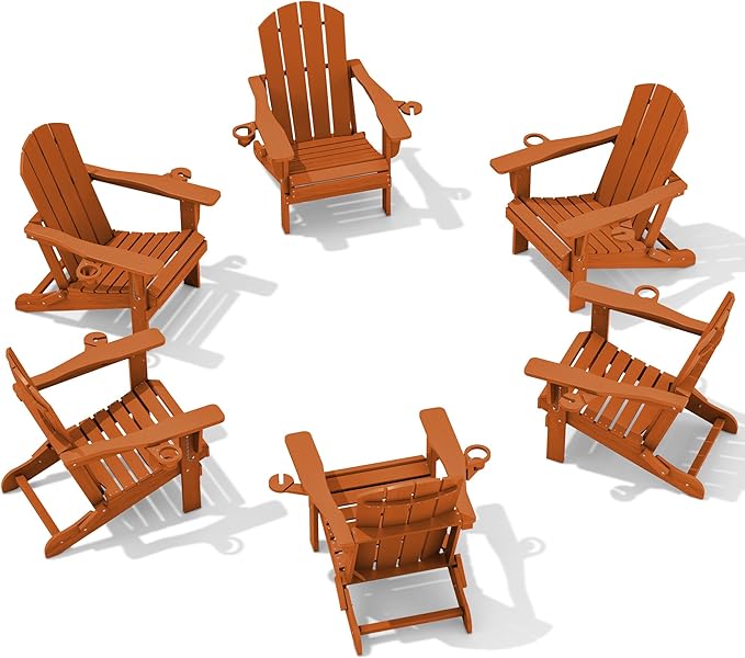SERWALL Adirondack Chair with Cup Holders - Composite Adirondack Chairs Set of 6 HDPE Outdoor Chairs All Weather Use- Orange