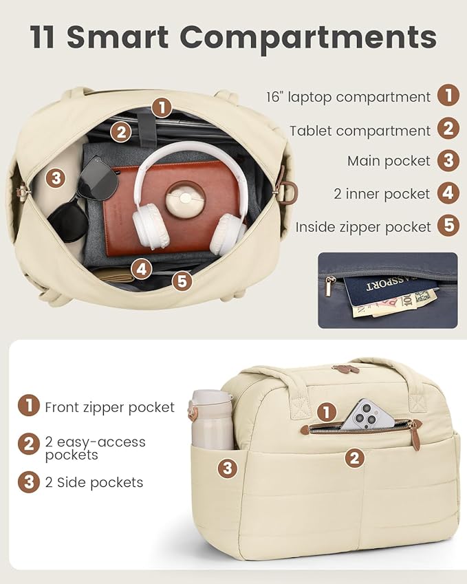 Travel Duffle Bag,Puffer Carry On Duffel Bag with Laptop Compartment Waterproof Overnight Weekender Bags for Women Large Hospital Tote Bags for Labor and Delivery(Large,Beige)