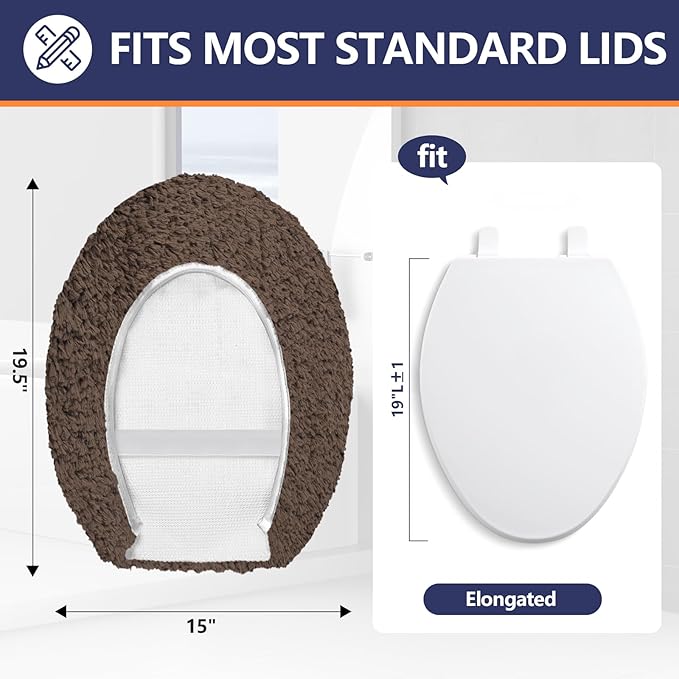Microfiber Elongated Toilet Seat Cover 19.5"x 15" Machine Washable Solid Toilet Lid Cover Adjustable Rubber Backing Fits Most 18-19.5" L x 14-16" W Elongated Toilet Seat