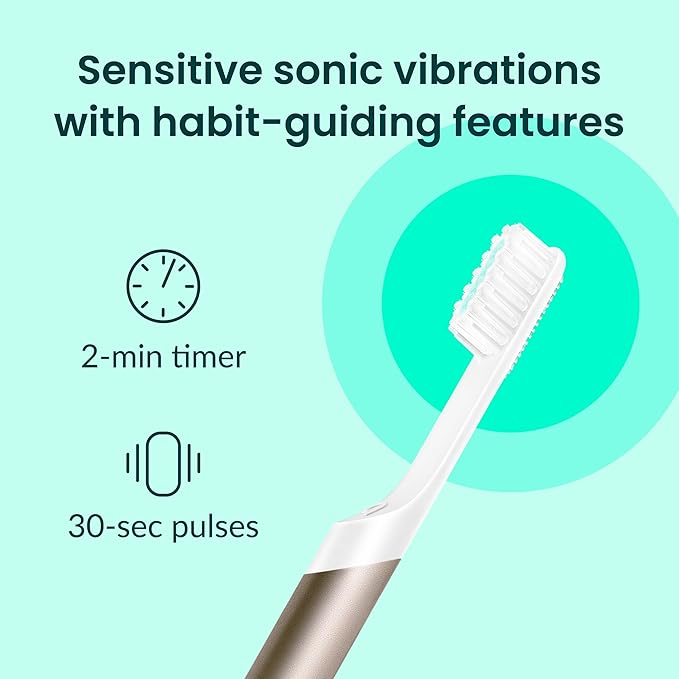 Quip Metal Sonic Toothbrush, Electric Toothbrush for Adults –Time Travel & Soft Bristles with Travel Case & Replaceable Brush Head -3-Month Battery Life - Dawn Peach Gold