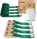 Ratchet Straps (4-Pack), 1 Inch x 16.4 Feet (2200lb Break Strength) with Sturdy Metal Hooks, 1x Work Gloves, Heavy Duty Tie Down Straps for Truck, Cargo Trailer, Motorcycle, Luggage, Moving (Green)