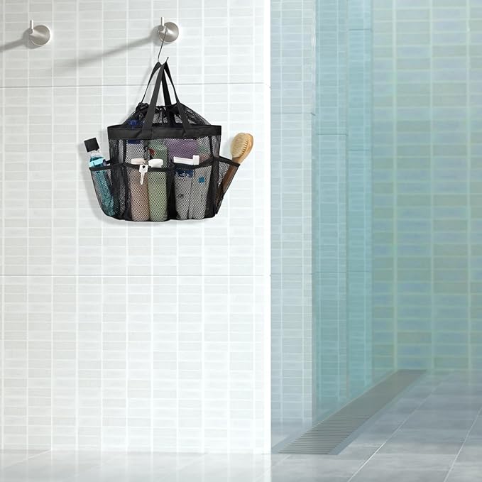 F-color Mesh Shower Caddy Portable with Drawstring - Upgrade Deeper 7 Pockets Dorm Room Essentials for Guys Girls with S Hook, Shower Bag Basket Tote for College Camping Bathroom, 2 Pack Black