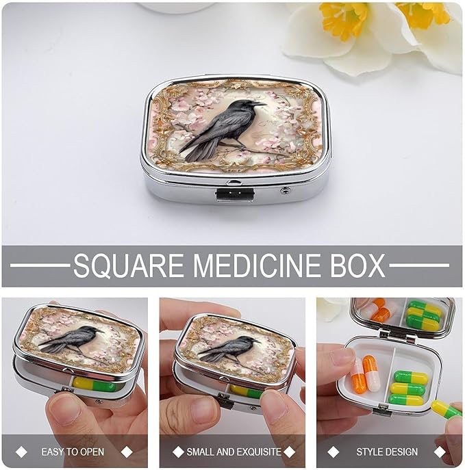 Metal 2 Compartment Pill Organizer Travel Friendly Portable Compact Pill Box Cute Pill Case to Hold Vitamins,Fish Oil,Supplements,Meds,Tablet for Purse,Pocket. (The Bird)