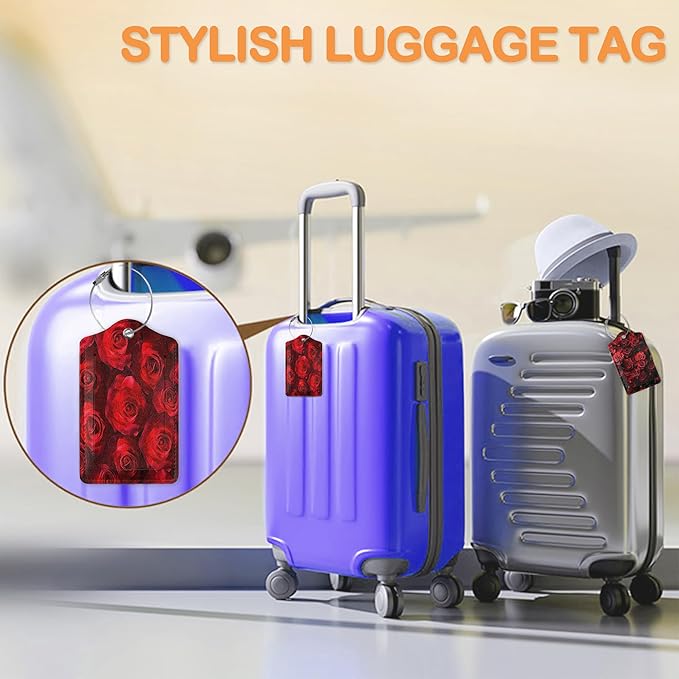 Romantic Elegant Red Roses PU Leather Luggage Tags for Suitcase, Travel Cruise 3 Pack with Privacy Flap, Name ID Label and Metal Loop for Women Men Girls Baggage Bag Backpack
