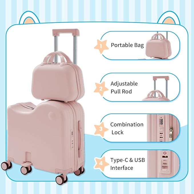 TABU Ride-on Luggage with Handbag for Kids，Hardshell Carry On Suitcase with Hidden Cup Holder, Foldable Pedal,Type-C & USB Interface, TSA Lock, 6-Spinner Wheels, Pink