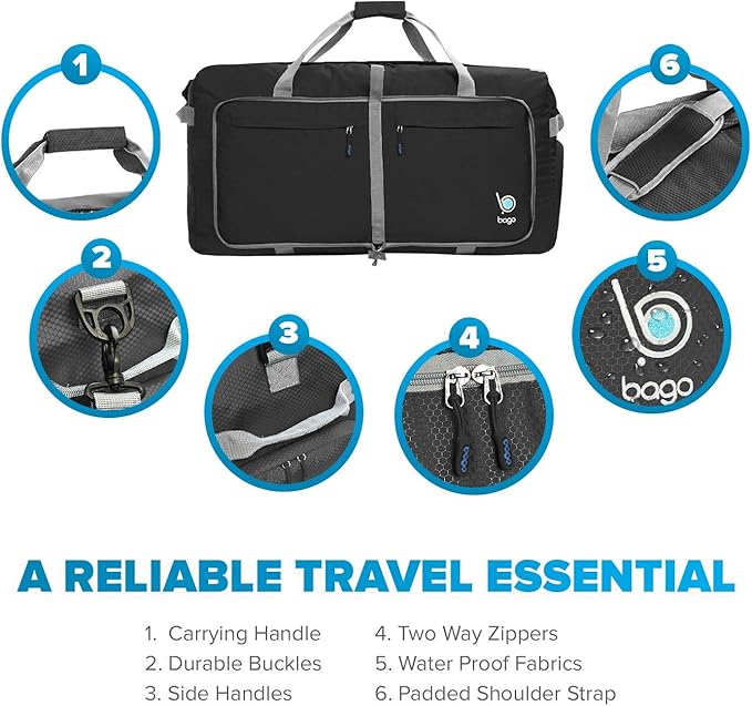 Bago Large Foldable Duffel Bags for Traveling Women & Men - 100L Packable Duffle Bag for Travel with Shoe Compartment - Water Repellant, Heavy Duty, Lightweight Folding & Collapsible (Black)