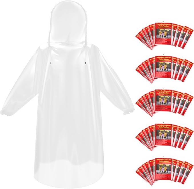 Bruvoalon 6 & 20 Pack Disposable Rain Ponchos for Adults/Youth, Waterproof PE Raincoats with Drawstring, Camping/Emergency
