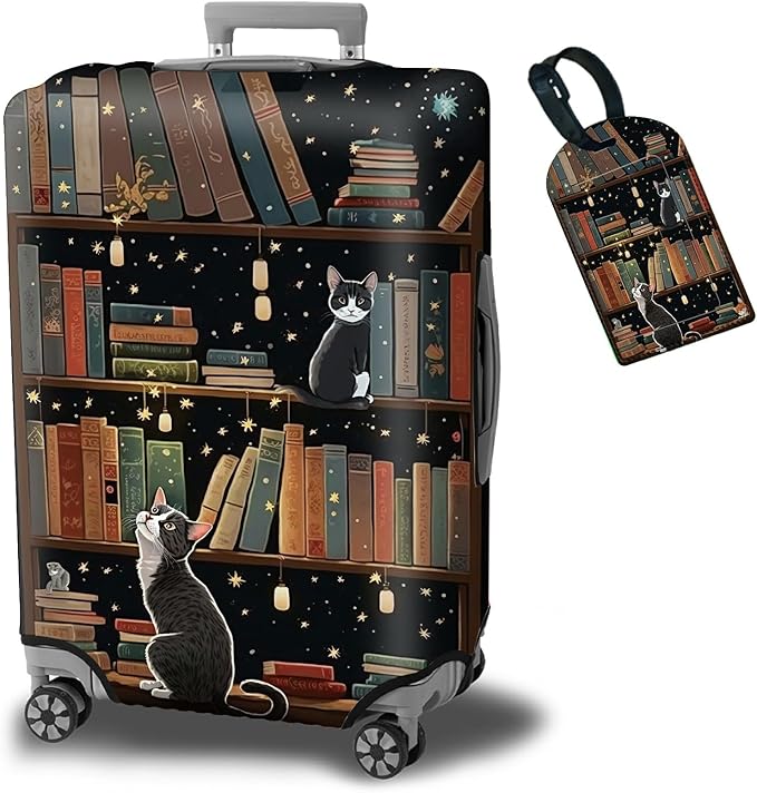 Luggage Cover Suitcase Protector Plus 1 Luggage Tag, Cat Library Travel Suitcase Cover for 26-28 inch Luggage (L) with Concealed Zipper Washable Elastic Cloth Dustproof Anti-Scratch