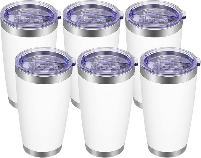 VEGOND 20oz Tumbler with Lid and Straw Stainless Steel Tumbler Cup Bulk Vacuum Insulated Double Wall Travel Coffee Mug Powder Coated Coffee Cup(White 6 Pack