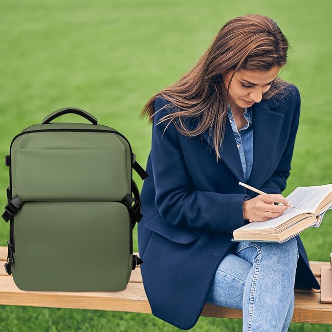 Travel Backpack Carry On Flight Approved, Lightweight Large Travel Backpack, Expandable with USB Charging Hole, Waterproof Causal Bookbag for Travel Work College Fits 17 inch Laptop, Green