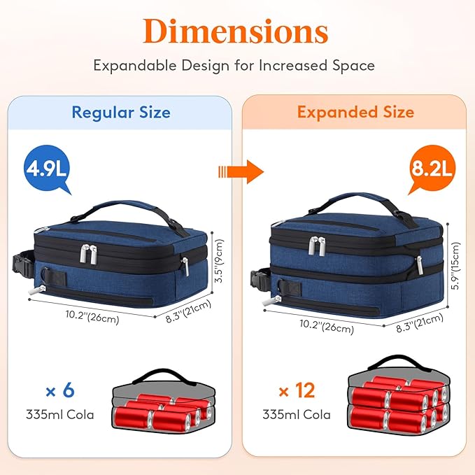 Lifewit Insulated Lunch Box for Men, Expandable Cooler Bag, Freezable Lunch Bag for Women with 2 Ice Packs and Shoulder Straps for Work Travel College, 8.2L Blue
