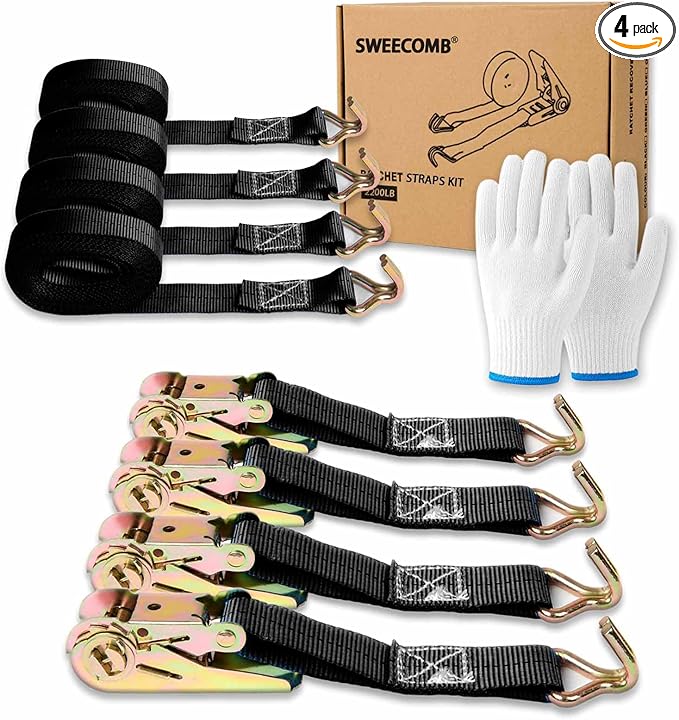 Black Ratchet Straps (4-Pack), 1 Inch x 16.4 Feet (2200lb Break Strength) with Sturdy Metal Hooks, 1x Work Gloves, Heavy Duty Tie Down Straps for Truck, Cargo Trailer, Motorcycle, Luggage, Moving