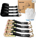 Black Ratchet Straps (4-Pack), 1 Inch x 16.4 Feet (2200lb Break Strength) with Sturdy Metal Hooks, 1x Work Gloves, Heavy Duty Tie Down Straps for Truck, Cargo Trailer, Motorcycle, Luggage, Moving