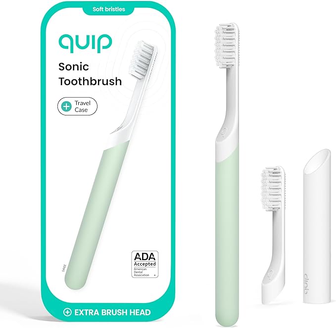 Quip Plastic Sonic Toothbrush, Electric Toothbrush for Adults –Time Travel & Soft Bristles with Travel Case & Replaceable Brush Head -3-Month Battery Life - Sage Green