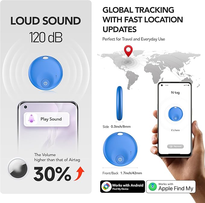 FindTag Duo - Dual System Tracker for iOS or Android, Bluetooth Tracking Tag/Key Finder/Luggage Tracker/Item Locator, Compatible with iOS Find My or Google Find Hub App (Bule)