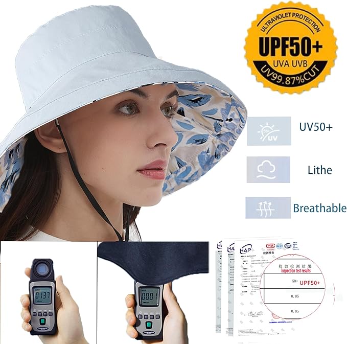 vidsel Womens Sun Hats Wide Brim Reversible Bucket Cotton Hat Packable Summer Travel Cap with Hat Clip,UV Protection