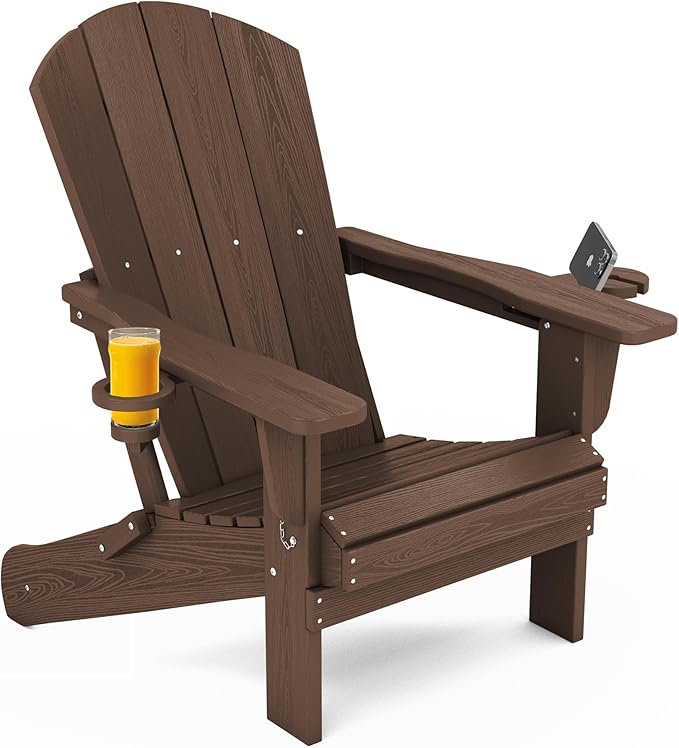 SERWALL Adirondack Chair with Cup Holders - Composite Adirondack Chairs Set of 2 HDPE Outdoor Chairs All Weather Use- Coffee