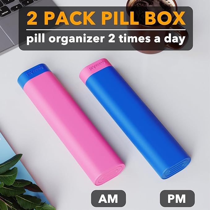 SpaceAid 2 Pack Pill Organizer Box 7 Day, Weekly Travel Pill Case Holder, 2 Times a Day AM PM Daily Pocket Pharmacy Dispenser Container for Pills, Vitamins and Medicine (Blue, Pink)