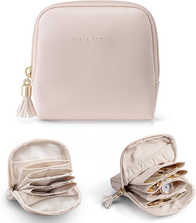 Vlando Small Travel Jewelry Organizer,Jewelry Pouch Bags,Velvet Jewelry Storage Bag for Bracelet Rings Earring,Portable Jewelry Travel Case for Traveler-Apricot Pink