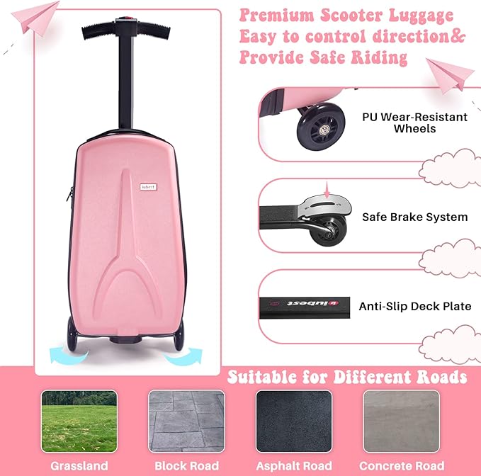 MRPLUM 20" Ride-On Suitcase with Detachable Scooter for Kids,Foldable Hardshell Carry-On Luggage for Toddlers Ages 4-15 with Adjustable Handle,Easy Steering&Brake(Airplane Approved)