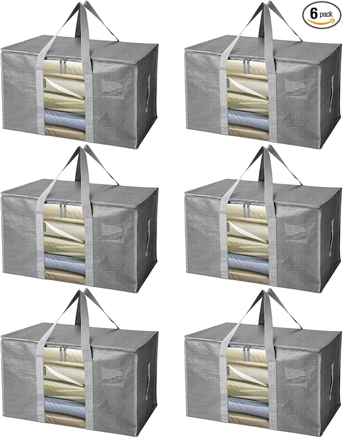 BALEINE 6-Pack Oversized Moving Bags with Reinforced Handles, Heavy-Duty Storage Tote for Clothes, Moving Supplies (Grey with Window, 6 Pack)