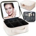 Makeup Bag with Led Mirror,Travel Makeup Organizer with 3 Color Setting, Portable Storage and Adjustable Dividers Travel Makeup Bag(White)