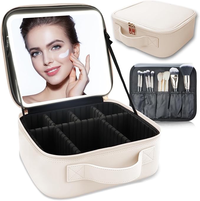 Makeup Bag with Led Mirror,Travel Makeup Organizer with 3 Color Setting, Portable Storage and Adjustable Dividers Travel Makeup Bag(White)