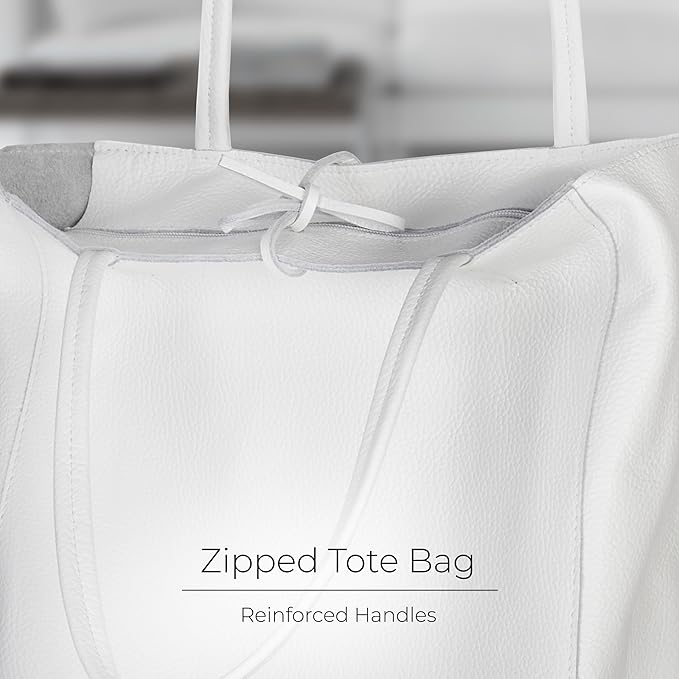 Italian Calf Leather Tote for Women with Zipper, Inner Pocket & Flat Base | Soft Unlined Shopper for Work & Travel