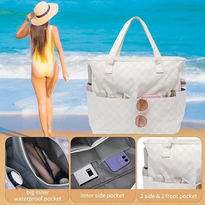 LEDAOU Beach Bag Waterproof Sandproof Women Tote Bag Pool Bag with Zipper for Gym Grocery Travel with Wet Pocket