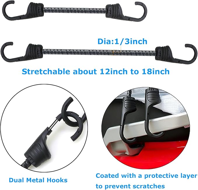 Bungee Cords with Dual Hooks, 12inch 6Pack Mini Bungee Straps 1/3 Inch Strong Elastic Rope Securing Tie Down for Camping,Tarps, Luggage,Bike Rack, Tent