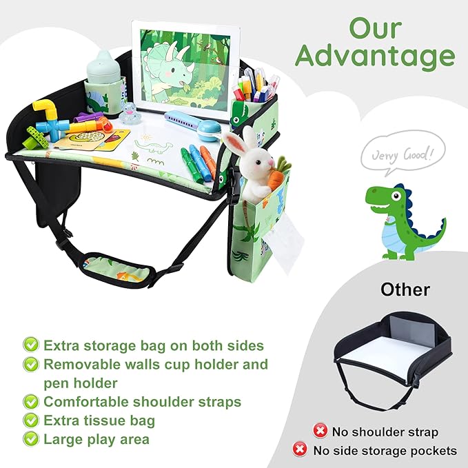 Kids Travel Tray, Kids Travel Trays for Car Seat, Road Trip Essentials for Toddler, Carseat Lap Tray with Dry Erase Board & Storage Organizer for Road Trip Activities for Kid, Green