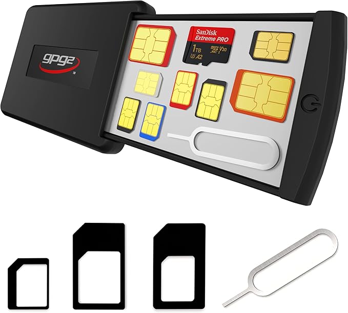 Mobile Safe Case for Travel, Hard Case & Compact Organizer for All SIM Types, Nano & Micro SD Cards, Adapters Kit & Removal Tool Included