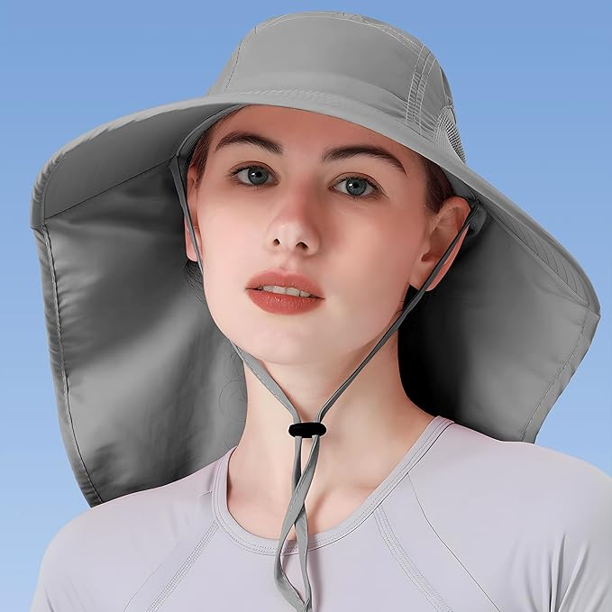 Womens Sun Hat UV Protection, Foldable Waterproof Wide Brim Bucket Hats with Neck Flap for Summer Beach Fishing Hiking