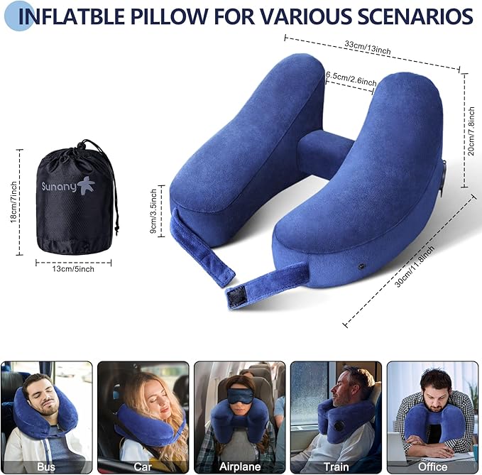Sunany Neck Pillow for Travel Inflatable Airplane Pillow Comfortably Supports Head, Neck and Chin, Inflatable Travel Pillow with Soft Velour Cover and Portable Drawstring Bag (Blue)