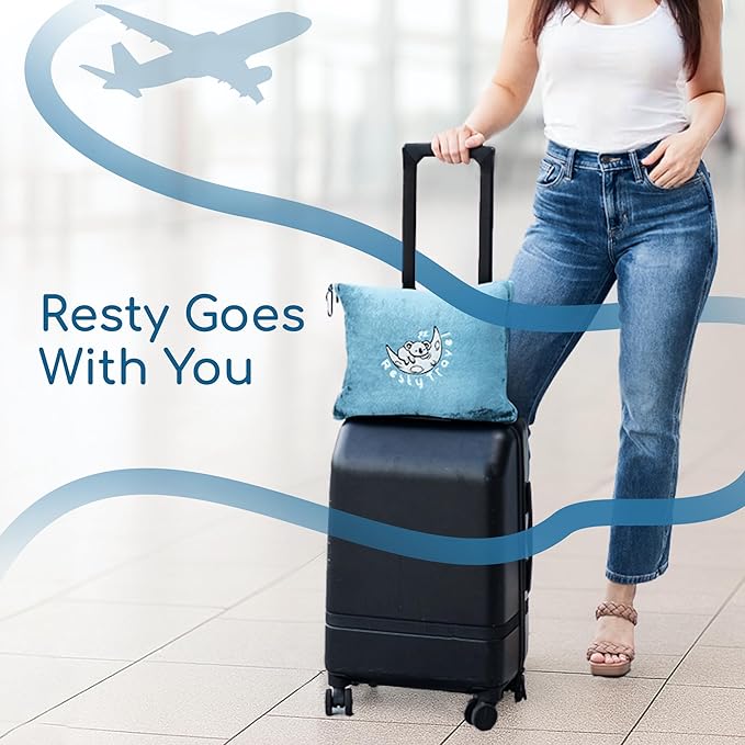 Resty 65"x40" Traveling Airplane Blanket, Baby Blue – Lightweight, Velvety Soft Blanket That Becomes a Travel Pillow – Must-Have Comfort for Planes & Road Trips – Travel Essentials for Women & Men