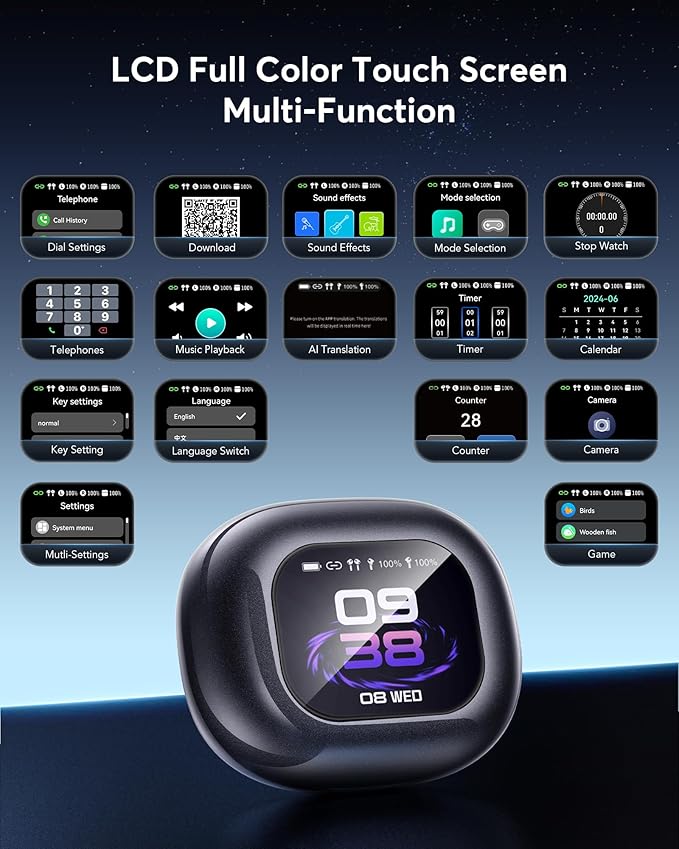 AI Translation Earbuds: Real-Time 144 Languages Translator Earphones, Audifonos Traductores Inglés Español, Bluetooth 5.4, OWS Open Ear & LCD Touch, Ideal for Travelers, Business & Language Learners