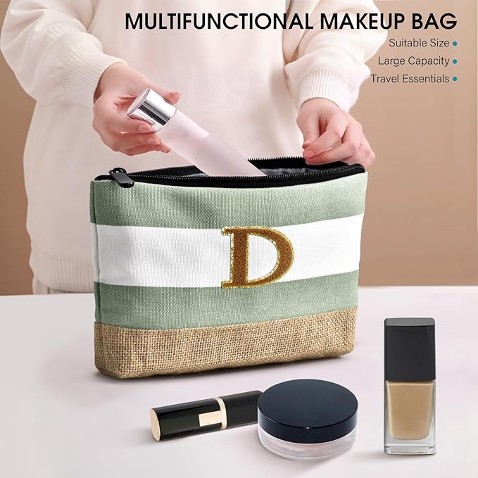 Becokan Beach Bag Initial Beach Tote with Makeup Bag for Travel Work Storage Personalized Birthday Gifts for Women Her