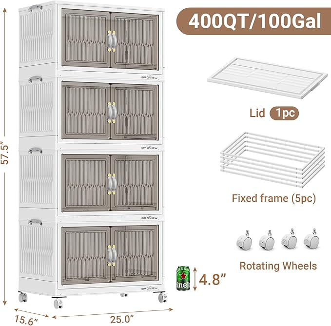 BROVIEW 400Qt Stackable Storage Bins with Lid, Extra Large Closet Organizer Collapsible Drawer Boxes with Wheels, Folding Plastic Cabinet Containers for Home Kitchen Room Organization, 4Pack White