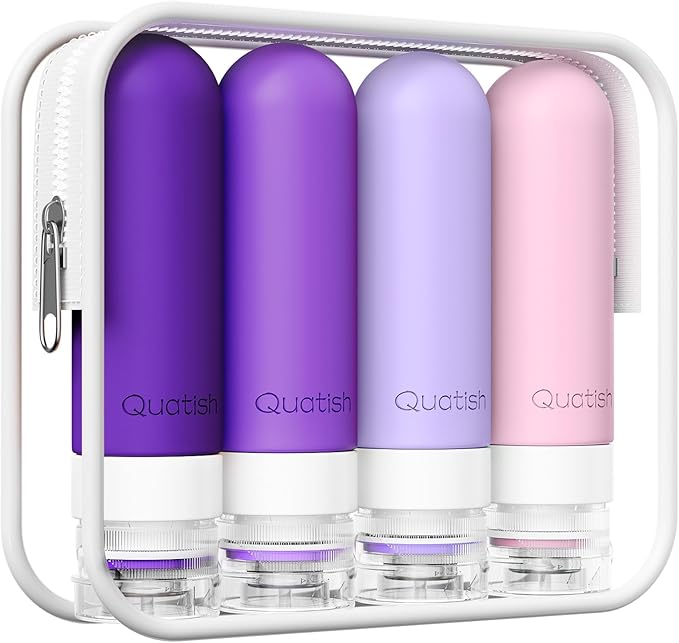 Quatish Travel Bottles for Toiletries, Original Patented Leak Proof Travel Size Toiletries, 3 oz Tsa Approved Silicone Shampoo and Conditioner Bottles, Travel Essentials, 4 Pack, Purple