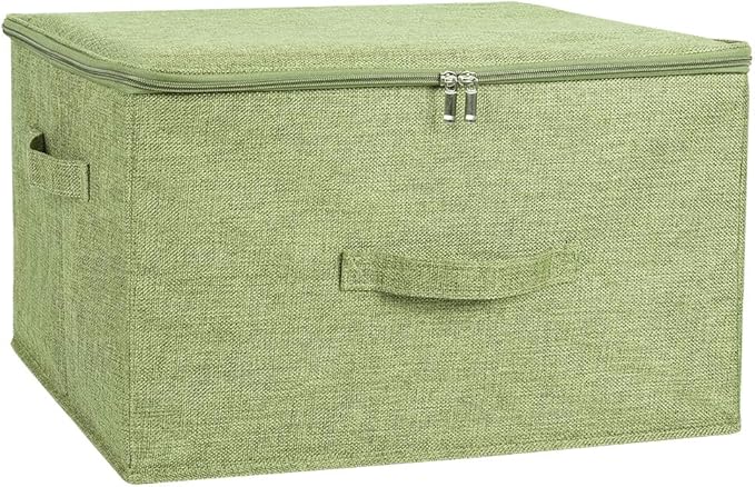 ANMINY Storage Bins with Zipper Lids 36 Qt Lidded Fabric Storage Boxes Baskets Cubes with Handles Collapsible Washable Cotton Linen Closet Shelf Clothes Organizer Containers - Green, Large