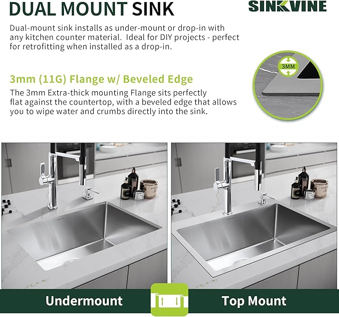 25-Inch Drop-In Kitchen Sink, SINKVINE 25" x 18" Stainless Steel Indoor and Outdoor Sink, Top Mount Large Deep Single Bowl Sink for Laundry Room, with Drain Strainer, Bottom Grid, Roll-up Drying Unit