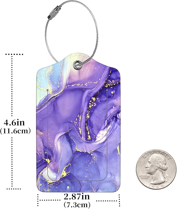 2 Pcs Luggage Tags for Suitcase, Cute Unique PU Leather Travel Bag Tag with Privacy Cover ID Label Address Card and Durable Metal Ring Suitable for Men Women Children Backpack,Purple Marble