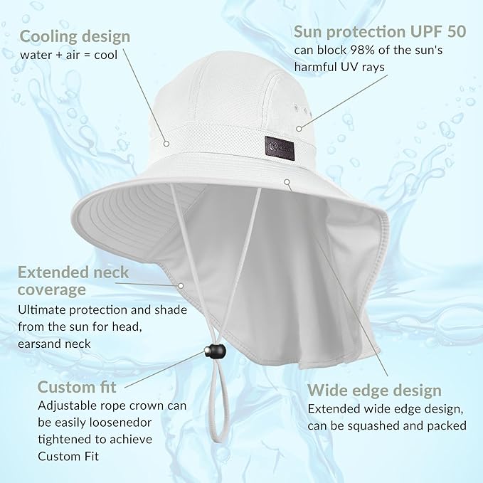 Sukeen Cooling Sun Hat for Men Women UPF50+ Wide Brim Fishing Hat with Neck Flap Adjustable Foldable Bucket Hat for Hiking