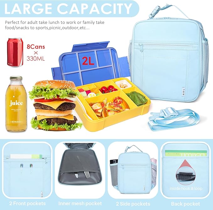 NOL Nylon Waterproof Kids Lunch Bag, Insulated Lunch Bag, Lunch box Cooler, Reusable, Zip Closure with Buckle Handle Holds Lunch Box, Snacks & Water Bottle for School Work, Light blue