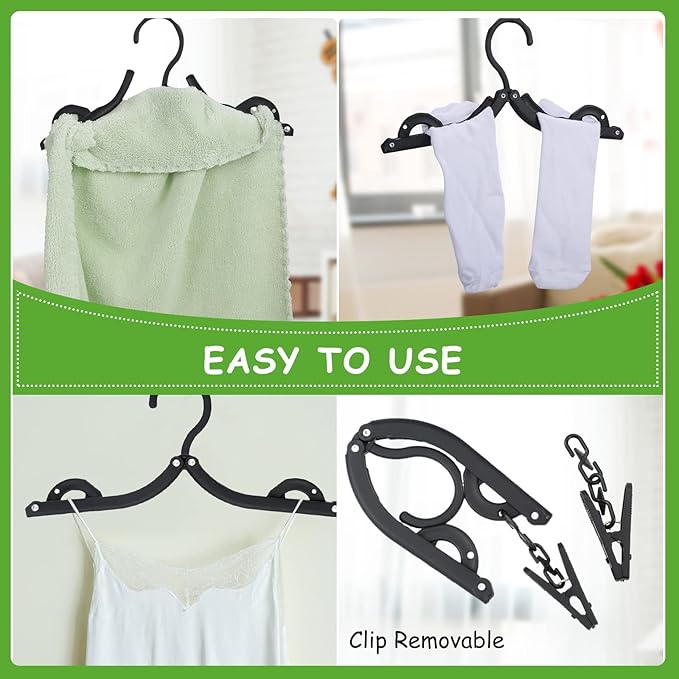 Folding Travel Hangers Foldable with Clips Folding Clothes Hangers Portable Foldable Hangers Collapsible Coat Hanger Travel Drying Rack for Clothes (Black, 12 Pieces)