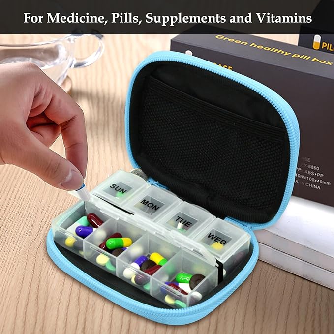 Serfeymi Weekly Travel Pill Organizer Pill Case for Purse with Removable 7 Day Pill Box, Fashionable Travel Medicine Organizer Pill Container for Medicine, Vitamin - Blue 03
