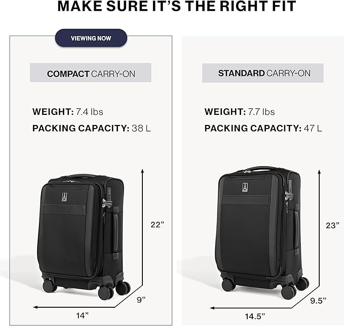 Travelpro VersaPack+ Lightweight Softside Expandable Carry on Luggage, 8 Spinner Suitcase, TSA Lock, Men and Women, Compact Carry On 20-Inch, Black