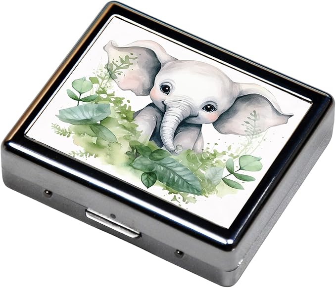 Silver Vintage Pill Box 7 Day Metal Pill Box with Mirror and 8 Compartments Cute Travel Pill Organizer for Purse (Elephant Baby)