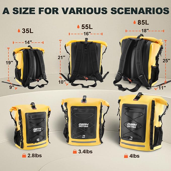 Waterproof Backpack Dry Bag 35L/55L/85L– Heavy Duty Roll-Top Hiking Backpack Sack Keeps Gear Dry for Travel, Kayaking, Boating, Camping, Rafting and Fishing