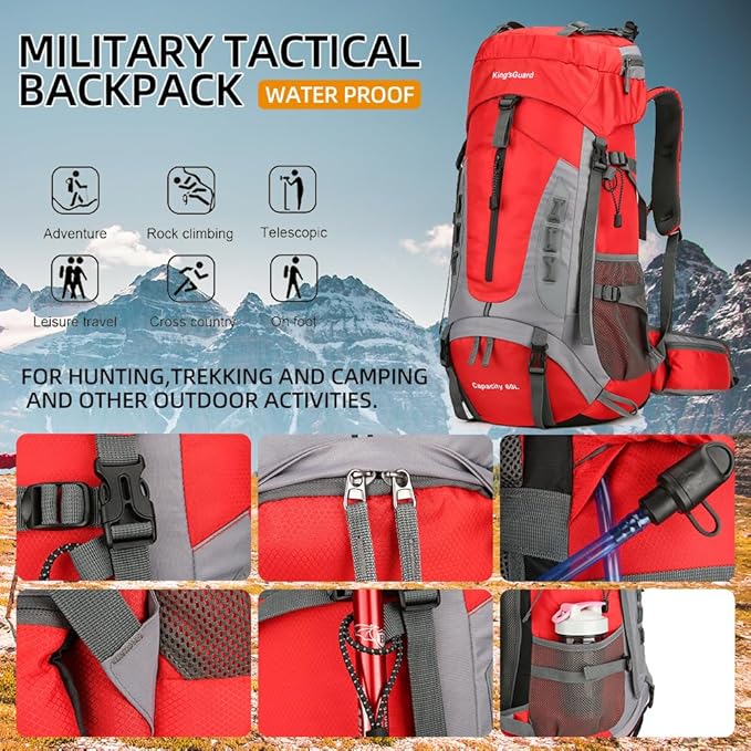 King'sGuard 60L Hiking Backpack Lightweight Camping Backpack with Rain Cover Large Waterproof Packable Outdoor Trekking Travel Backpack for Men Women (Red)
